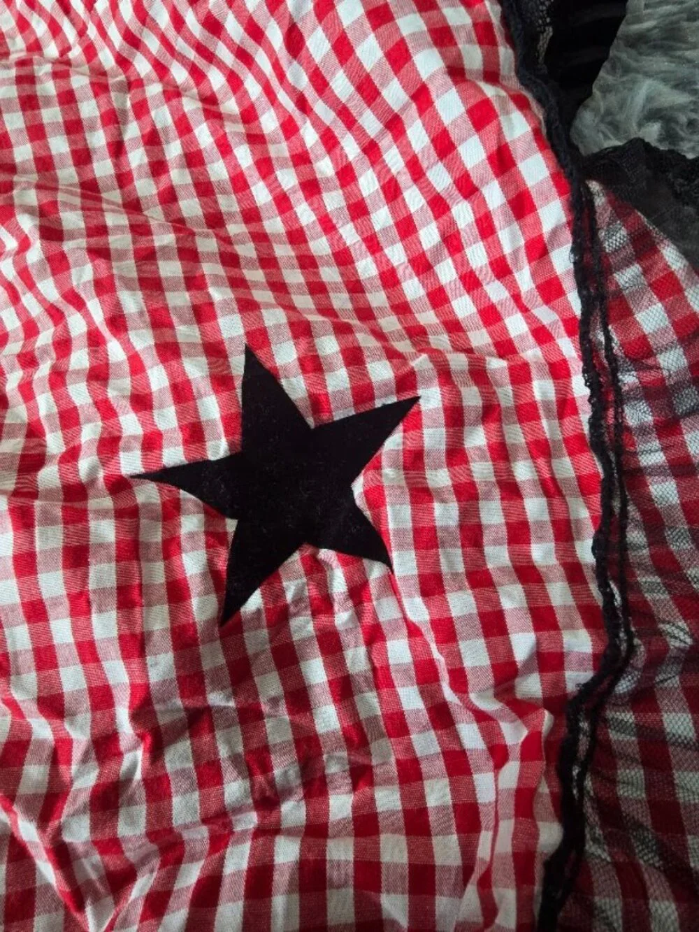 Skull and Star Red Checkered Midi Skirt with Lace Trim, Size Small